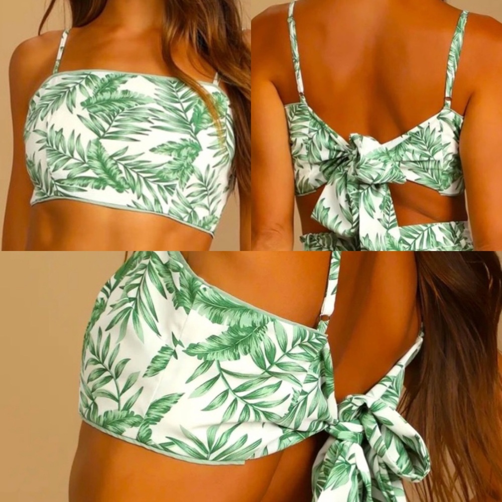Lulus Next Vacay Green Leaf Print Tie-Back Top Size Medium